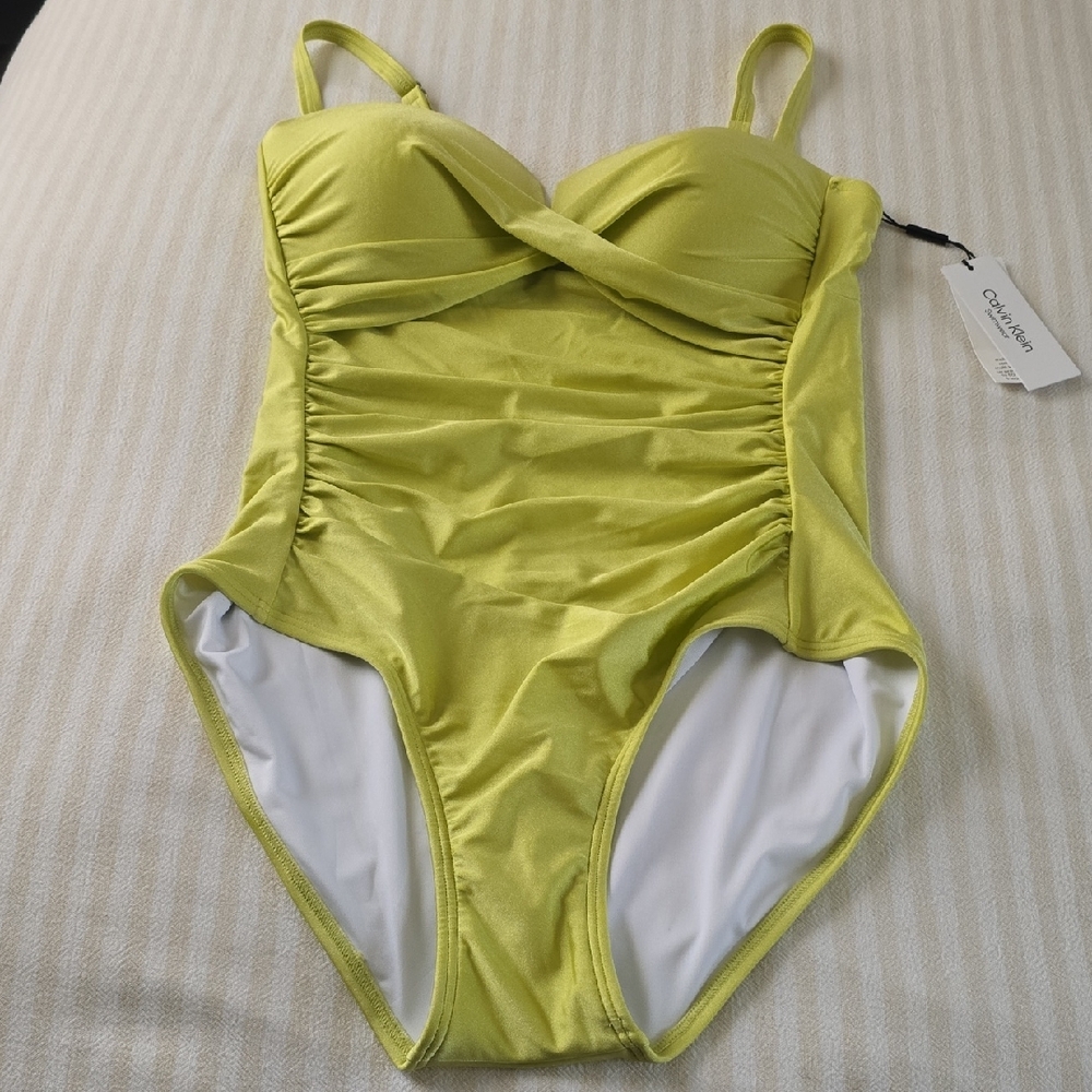 Calvin Klein Women's Shirred Tummy-Control Split-Cup Bandeau One-Piece Size:12